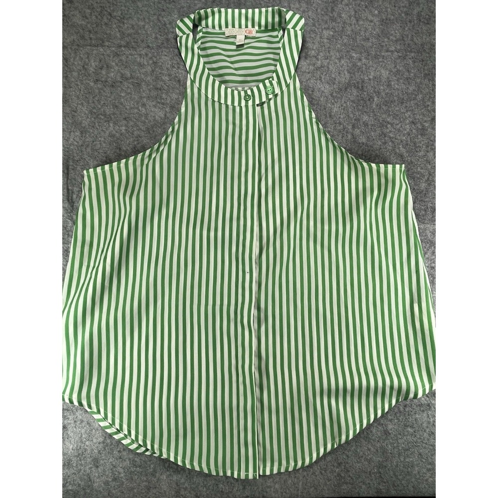 GB Women's Green Striped Tank Sz M Medium High Neck Hidden Buttons Blouse